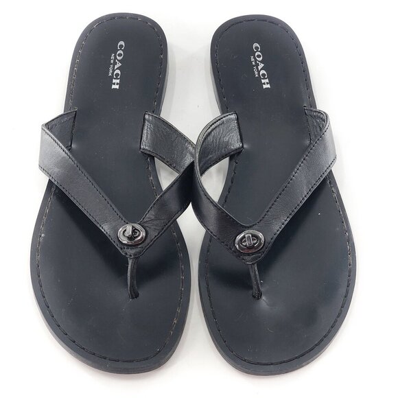 COACH Women's Chapel Black Leather Thong Sandals Flip Flops - Picture 1 of 5
